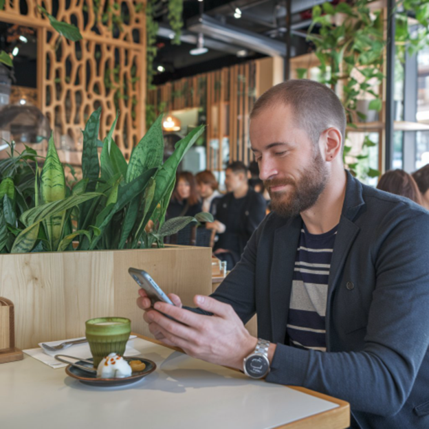 A man sitting in a stylish cafe in Tokyo looking at his phone